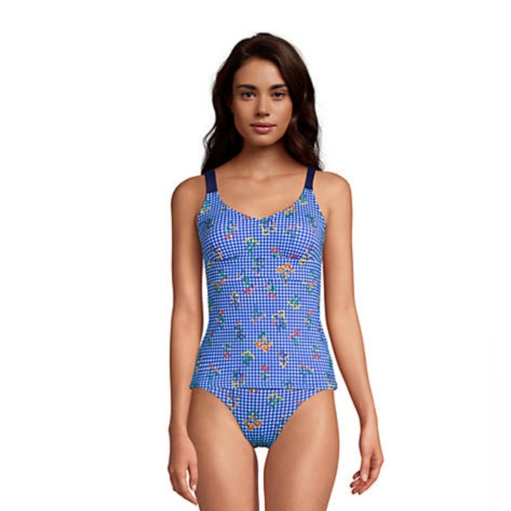 New Lands' End Botanical Check Floral Print Swim Tankini Top Size 6 Classic Boho